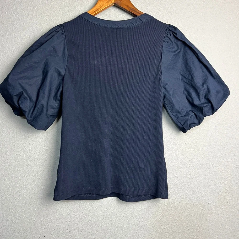 Old Navy Puff Sleeve Henley Top Ribbed Knit Blouse Button Front Navy Blue Size M